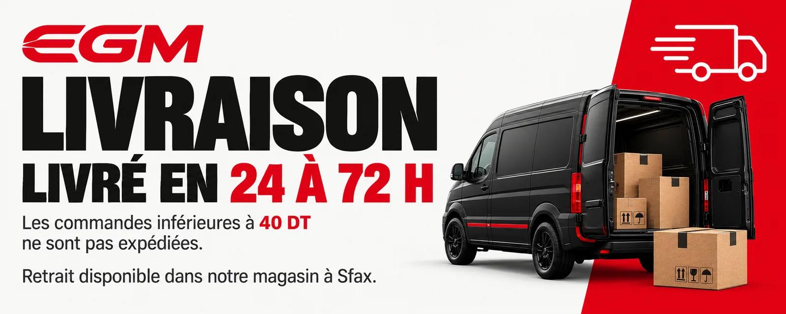 Livraison en 24 à 72 h partout en Tunisie. Les commandes inférieures à 40 DT ne sont pas expédiées. Retrait disponible en magasin à Sfax.