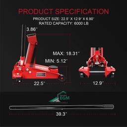 CRIC ROULEUR SIMPLE PISTON 3.0T L 571MM BIG RED - Image 2