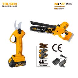 PACK MINI TRANCONEUSE A CHAINE 200MM AVEC SECATEUR JARDIN CHARGABLE 20V TOLSEN - Image 1