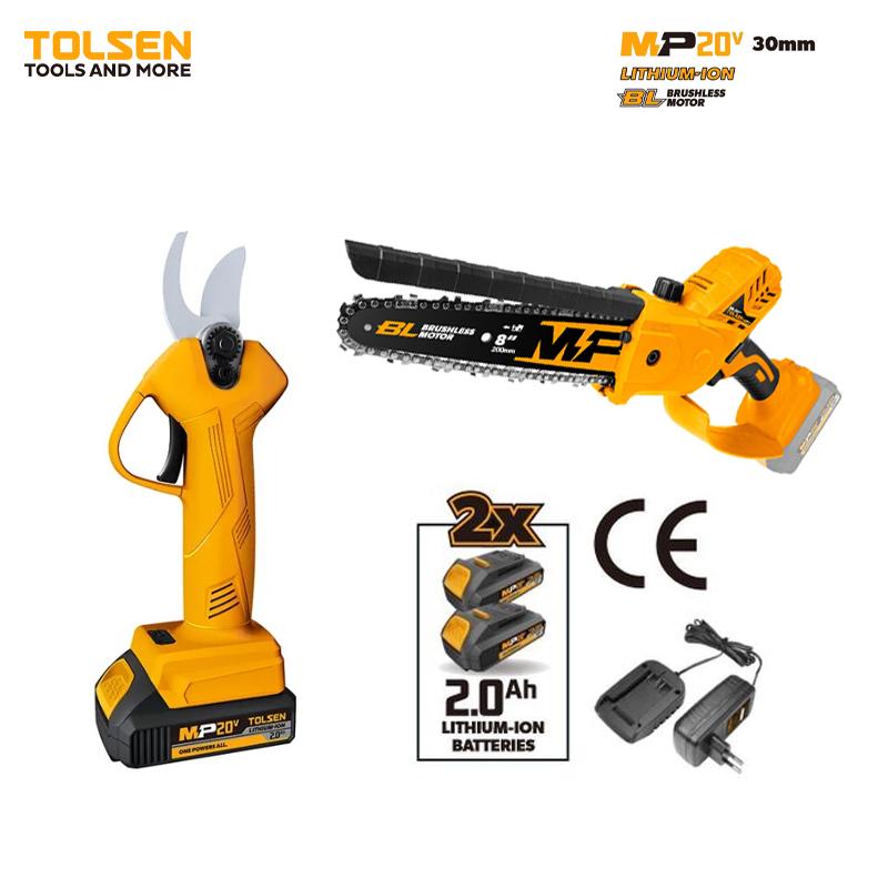 PACK MINI TRANCONEUSE A CHAINE 200MM AVEC SECATEUR JARDIN CHARGABLE 20V TOLSEN