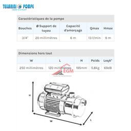 POMPE TRANSVERSAL LAITON Ø 20 (0.5 / HP) 220V TELLARINI - Image 2