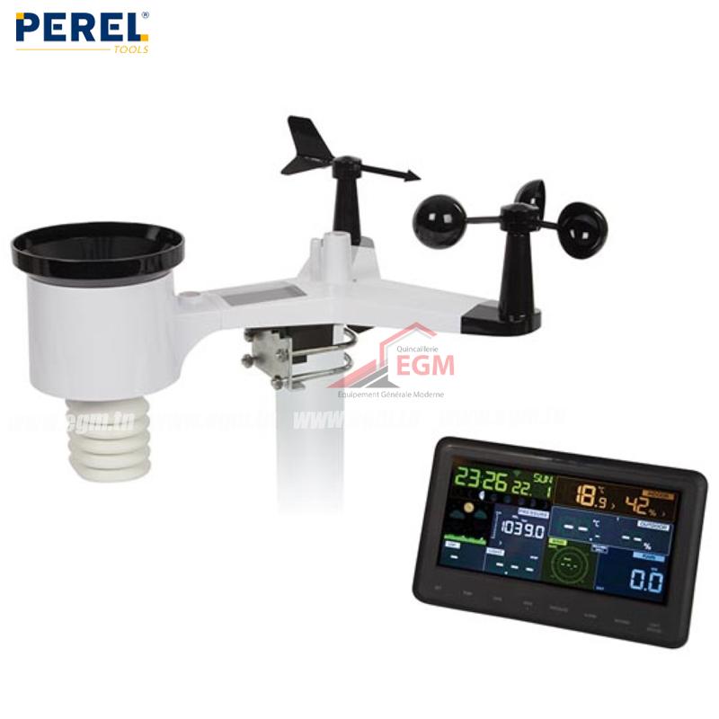 STATION METEO AVEC CAPTEUR EXTERIEUR WIFI.PREVISIONS METIO.PLUVIOMETRE.ANEMOMETRE A ECRAN COULEUR PEREL
