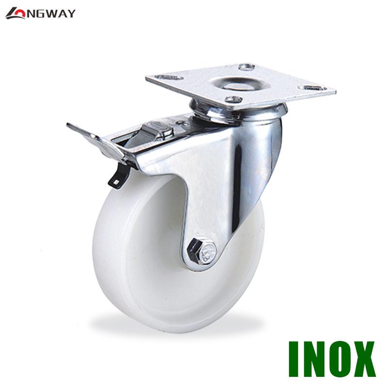 ROUE PIVO A FREIN EN NYLON BLANC A SUPPORT 3083PA INOX