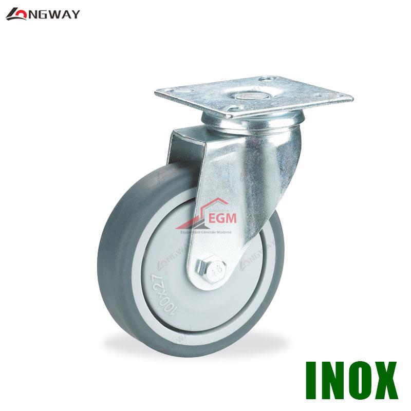 ROUE PIVO EN TPR GRIS NOYAU EN PP A SUPPORT 3003 INOX