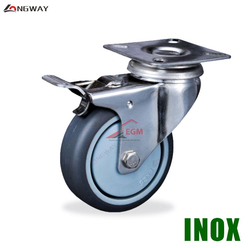 ROUE PIVO A FREIN EN TPR GRIS NOYAU EN PP A SUPPORT 3004 INOX