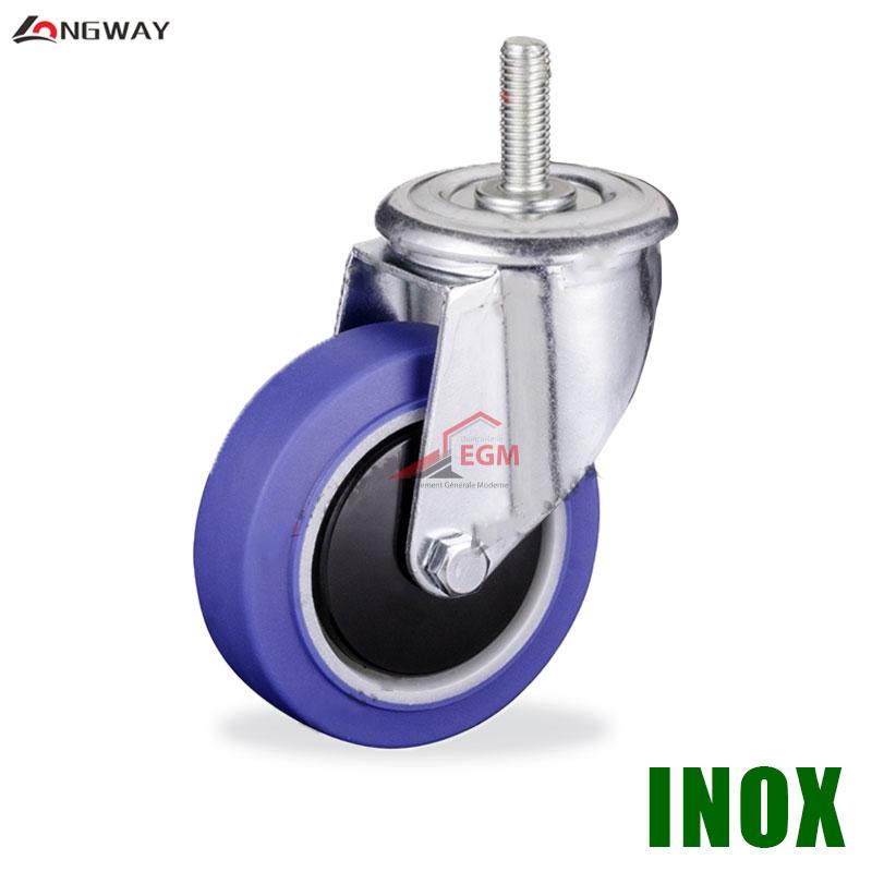 ROUE PIVO A TIGE 12X35MM EN TPR BLEU NOYAU EN PP A SUPPORT A017 INOX
