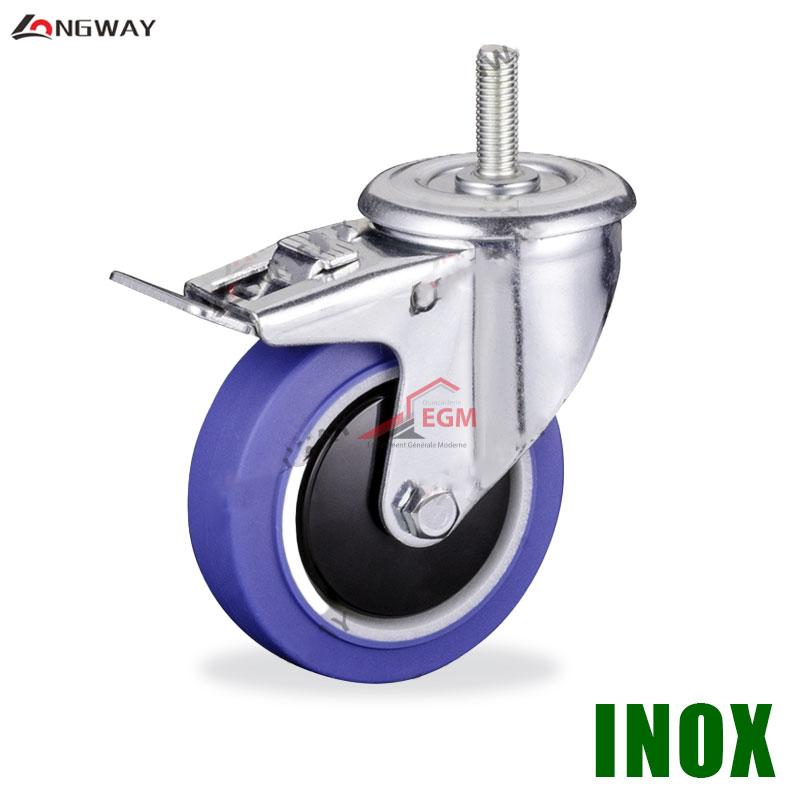 ROUE PIVO A TIGE 12X35MM A FREIN EN TPR BLEU NOYAU EN PP A SUPPORT A018 INOX