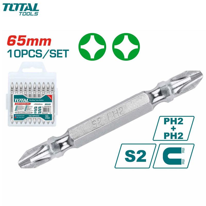 JEUX DE 10 EMBOUT TOURNEVIS DOUBLE MAGNETIQUE S2 PH2X65 TOTAL