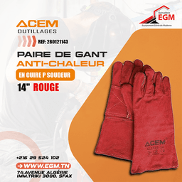 PAIRE DE GANT ANTI-CHALEUR EN CUIRE P SOUDEUR 14" ROUGE AC 1143 ACEM - Image 2
