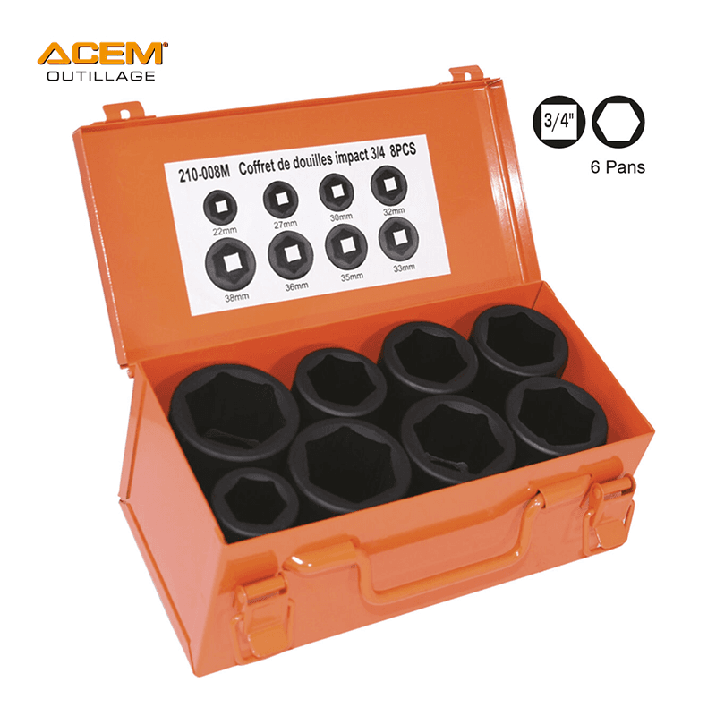 COFFRET CLE DOUIL IMPACT SERIE LONG 3/4" 8PCS 6 PANS ACEM