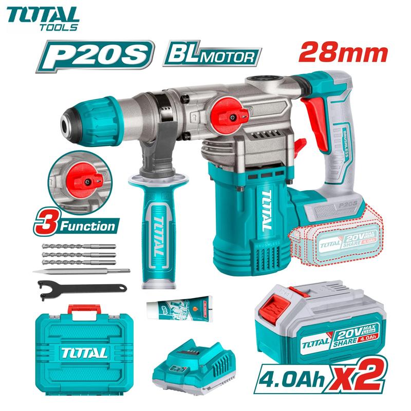 MARTEAU PERFORATEUR CHARG 28MM 4.5J BRUSHLESS AVEC CHARG & 2 BATTERIE 4.0AH 20V SDS PLUS TOTAL