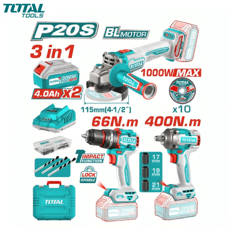 PACK OUTILS ELECTROPORTATIF 3EN1 MEULE/VISS/BOLON 20V AVEC 1 CHARGEUR 20V & 2 BATTERIES 4.0AH TOTAL