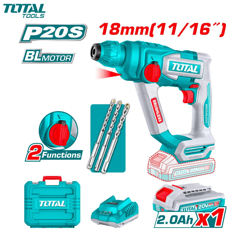 PERCEUSE PERFORATEUR CHARG 18MM 1.8J BRUSHLESS 1 BATTERIE 2.0AH 20V SDS PLUS TOTAL