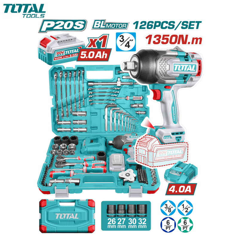 COFFRE BOULONNEUSE A CHOC  3/4" 20V 1350NM AVEC CHARGEUR & 1 BATTERIE 5.0AH 126PCS TOTAL