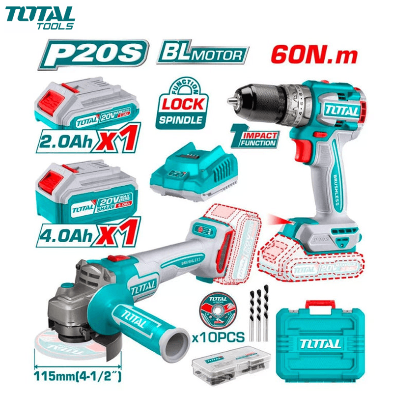 PACK VISSEUSE 60NM & MEULE A DISQU 115MM 2EN1 20V AVEC ACCE & CHARGEUR 2 BATTERIES 2.0AH/4.0AH TOTAL