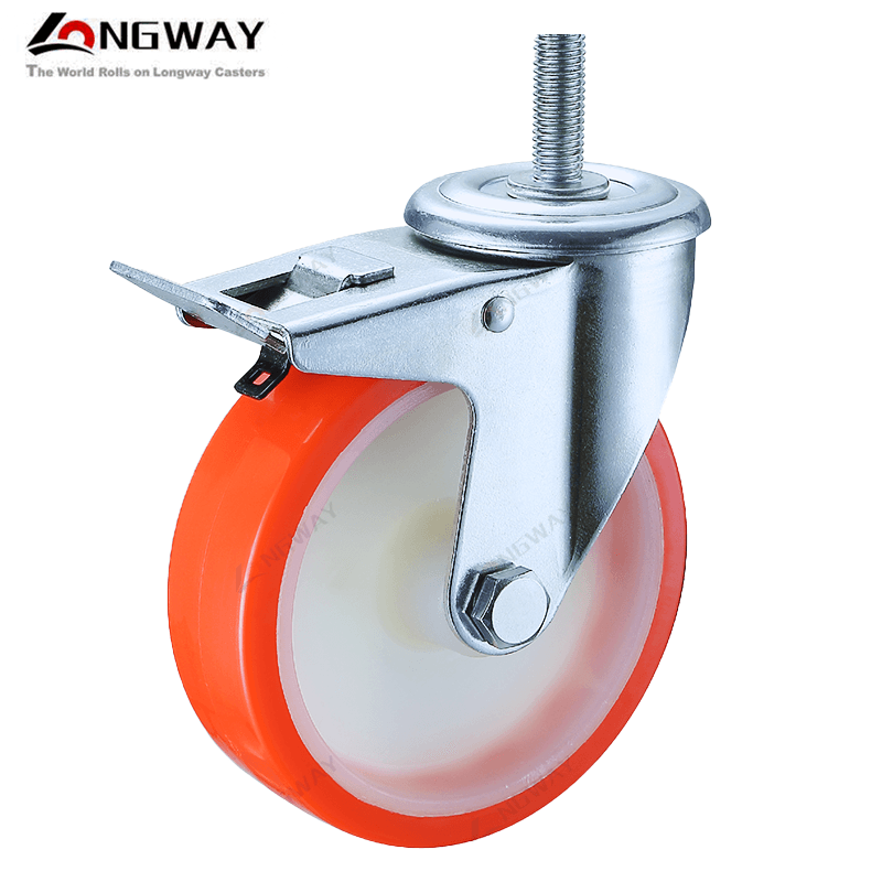 ROUE PIVO EN PU AVEC NOYAU EN NYLON A TIGE M12 / M16 A FREIN AH-08