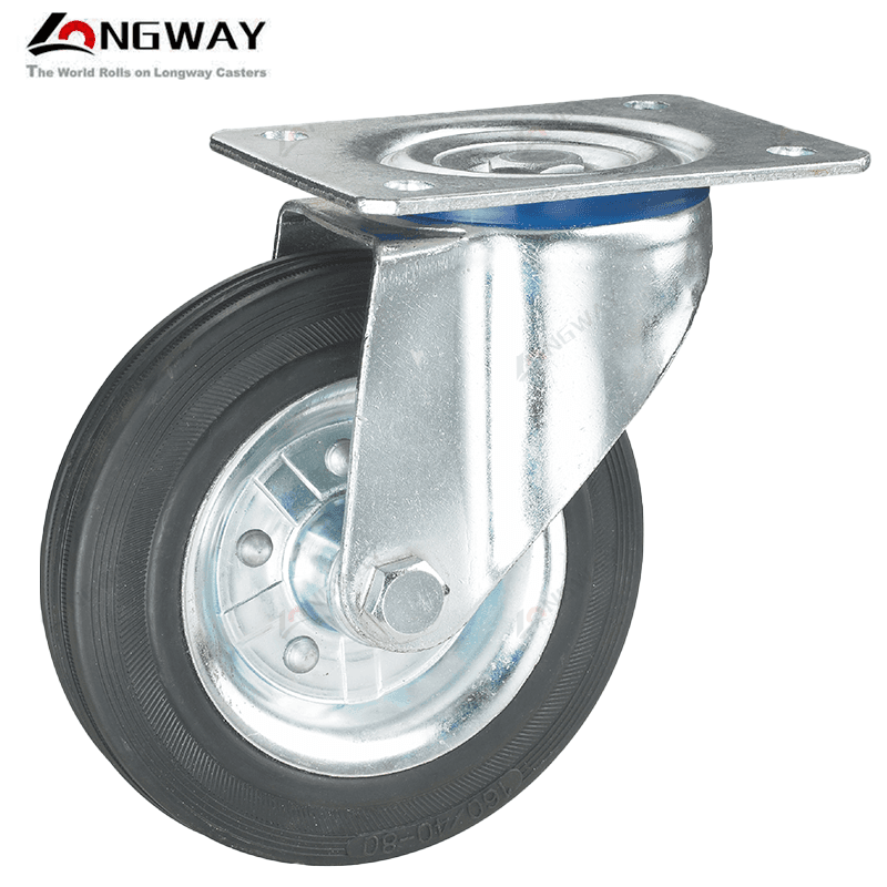 ROUE PIVO EN CAOUTCHOUC NOIR NOYAU EN ACIER A PLAQUE A-03