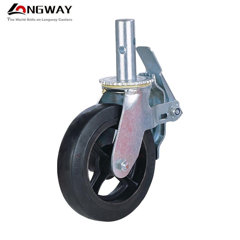 Roue échafaudage diamètre 200 en caoutchouc sur roue fonte, roulement (avec tige pleine) 1153