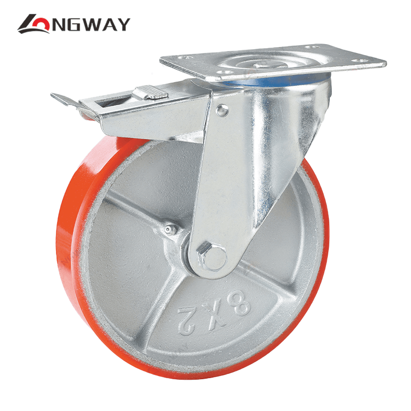 Roue pivotante a frein en PU sur fonte a roulement AT-04