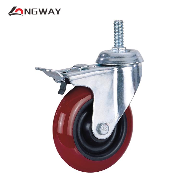 Roue pivotante rouge a frein en nylon avec noyau en PP roulement à rouleaux a tige