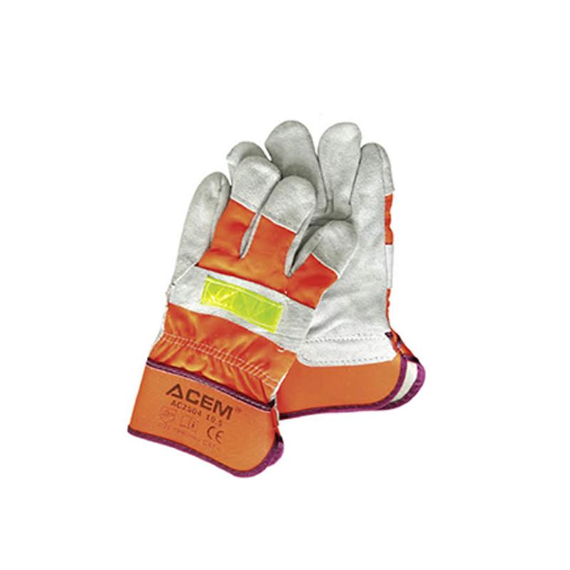 PAIRE DE GANT CUIRE+TOILE 10.5" BANDE FLUO AC 2504 ACEM