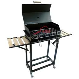 Barbecue à charbon avec deux étagères latérales en bois