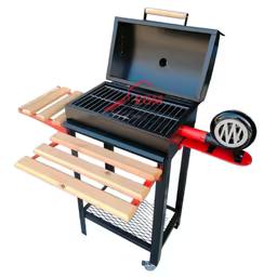 Barbecue charbon avec ventilateur et deux étagères latérales en bois