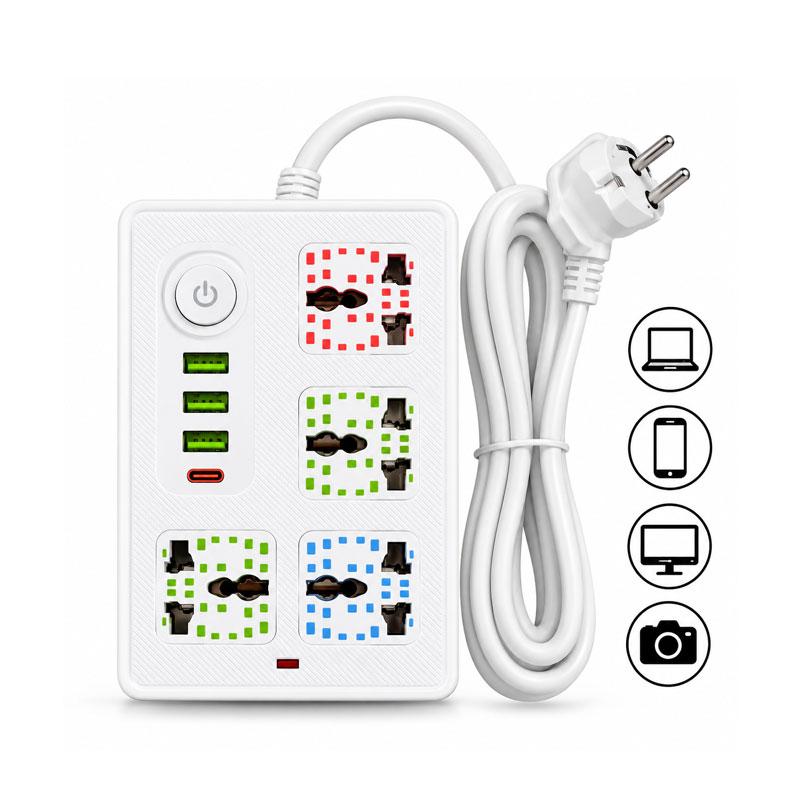 BLOC MULTIPRISE AVEC 4 PRISE + 3 PORTS USB + 1 TYPE C AVEC INTERUPTEUR CABLE 2.0 METRE