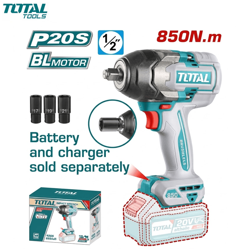 BOULONNEUSE A CHOC CHARGEABLE 20V 850NM SANS CHARGEUR & BATTERIE + 3 DOUILLES 22/24/27 TOTAL