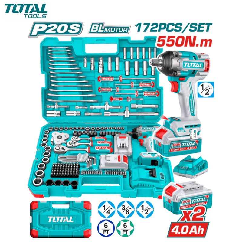 COFFRET 172PCS BOULONNEUSE & OUTILS ET TRAVEAUX MECANIQUES 1/4-3/8-1/2" CR-V TOTAL