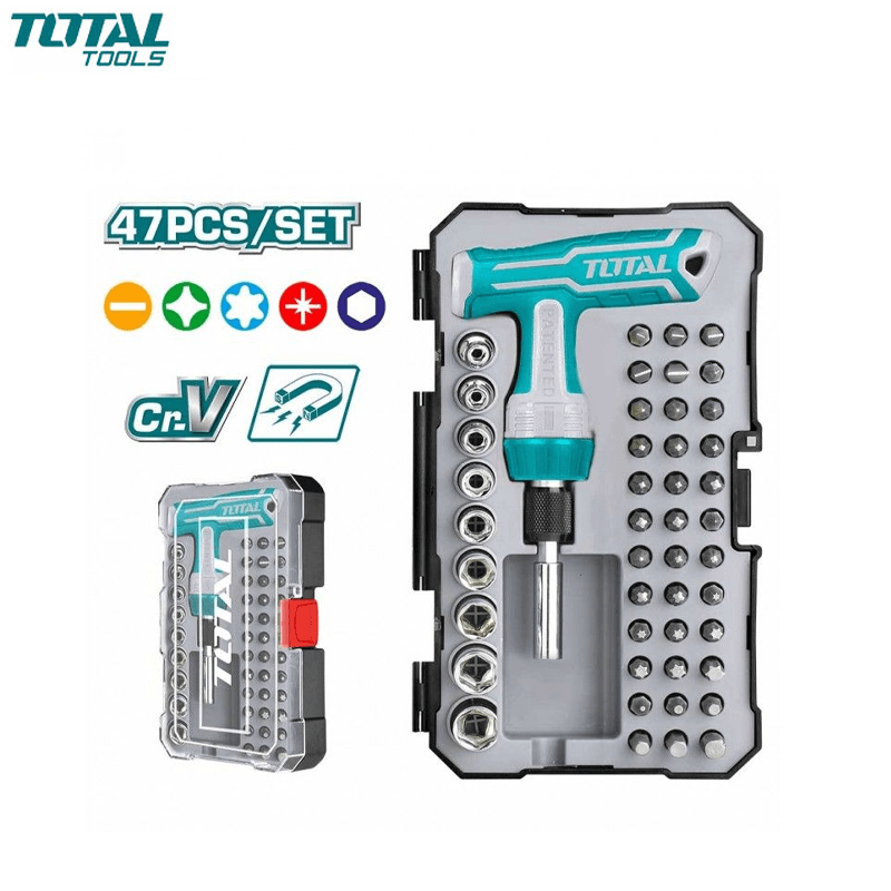 COFFRET DE TOURNEVIS A POIGNE EN T AVEC DOUILLES & EMBOUTS DE T VIS 47PCS TOTAL