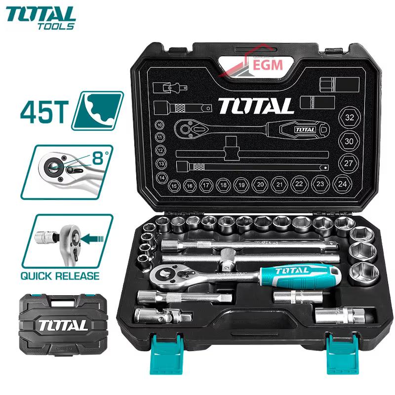 Coffret douilles 1/2" 25 pièces Total THT121251 ouvert avec douilles 10 à 32 mm et cliquet
