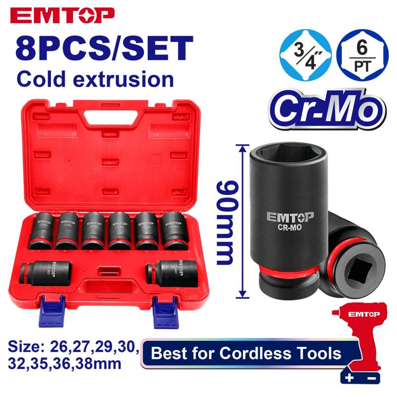 COFRE CLE DOUILLE IMPACT Cr-Mo SERIE LONG 90MM 8PCS 3/4" 26/27/29/30/32/35/36/38 EMTOP