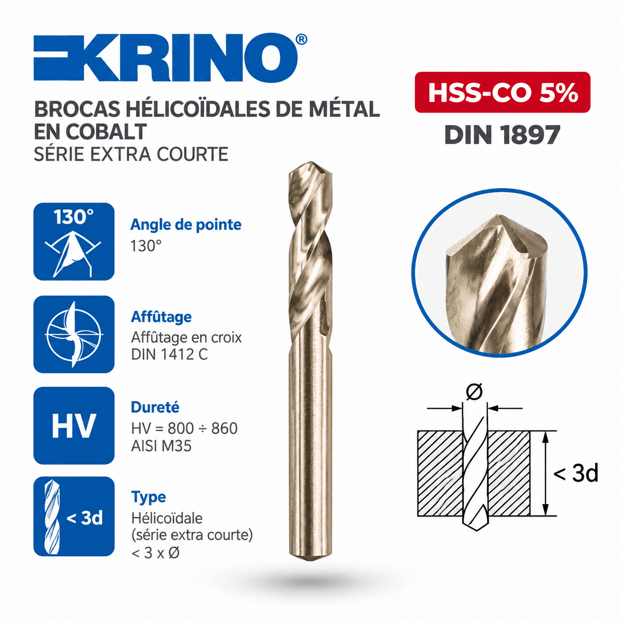 MECHE MÉTAL EXTRA COURT HSS-CO 5% COBALT DIN 1897 KRINO