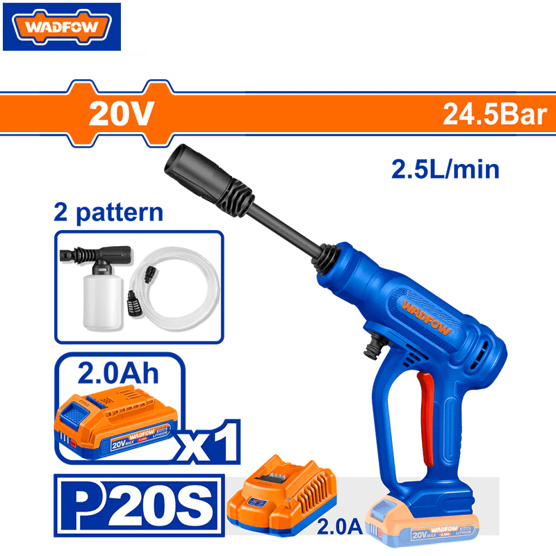 NETTOYEUR HAUTE PRESSION CHARGEABLE 20V AVEC CHARGEUR & 1 BATTERIE 2.0Ah 2.5L/MIN AVEC ACC WADFOW