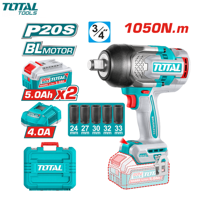 BOULONNEUSE A CHOC CHARGEABLE 3/4" 20V 1050NM AVEC CHAR & 2 BAT 5.0AH + 5 DOUIL 24/27/30/32/33 TOTAL
