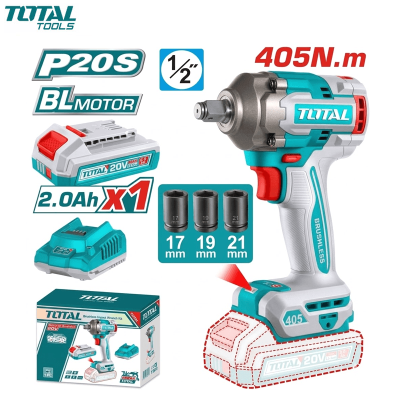 BOULONNEUSE A CHOC CHARG 20V 405NM AVEC CHARGEUR & 1 BATTERIE 2.0AH + 3 DOUILLES 17/19/21 TOTAL