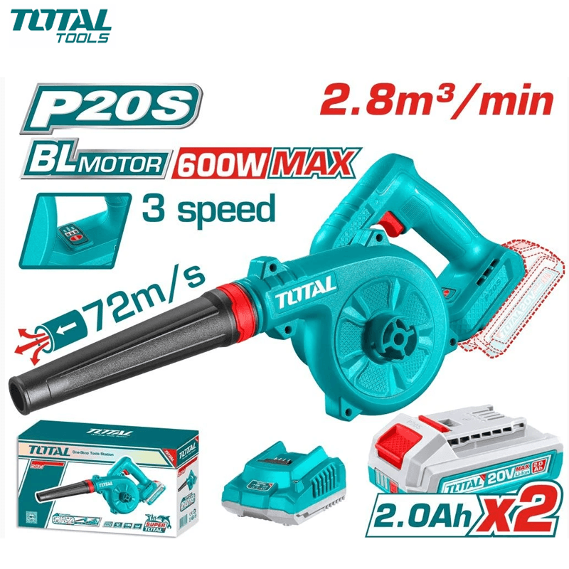 SOUFFLEUR CHARGEABLE 20V AVEC 2 BATTERIES 2.0Ah & CHARGEUR 2.8m3/min TOTAL