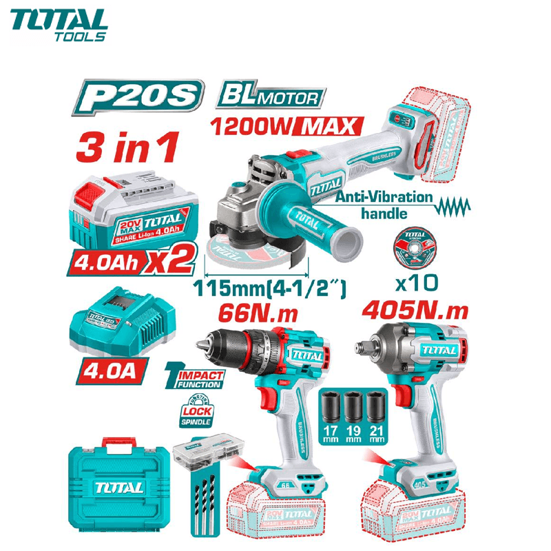PACK 3EN1 OUTILS ELECTROPORTATIF MEULE/VISS/BOLON 20V AVEC 1 CHARGEUR 20V & 2 BATTERIES 4.0AH TOTAL