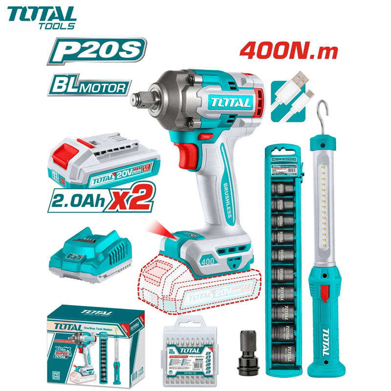 PACK 2EN1 BOULONNEUSE 20V 405NM AVEC CHARGEUR & 2 BATTERIE 2.0AH JX EMBOUT & DOUIL + BALADEUSE TOTAL
