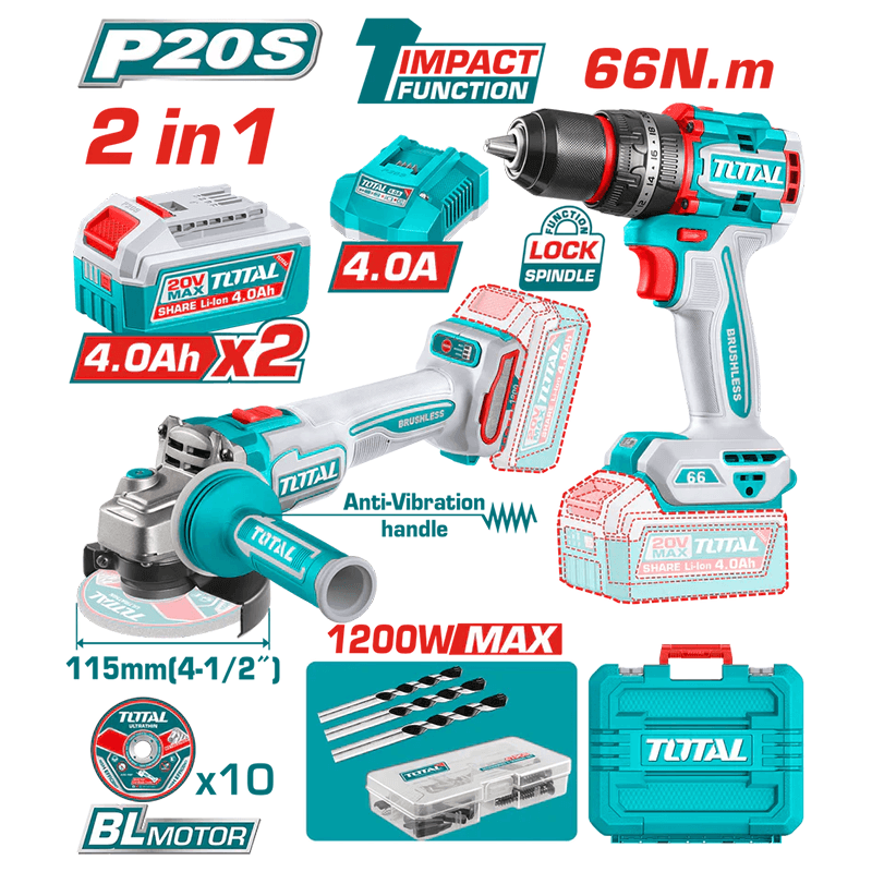 PACK 2EN1 VISSEUSE 66NM & MEULE A DISQU 115MM 20V AVEC ACCESSOIRE & CHARGEUR 2 BATTERIES 4.0AH TOTAL