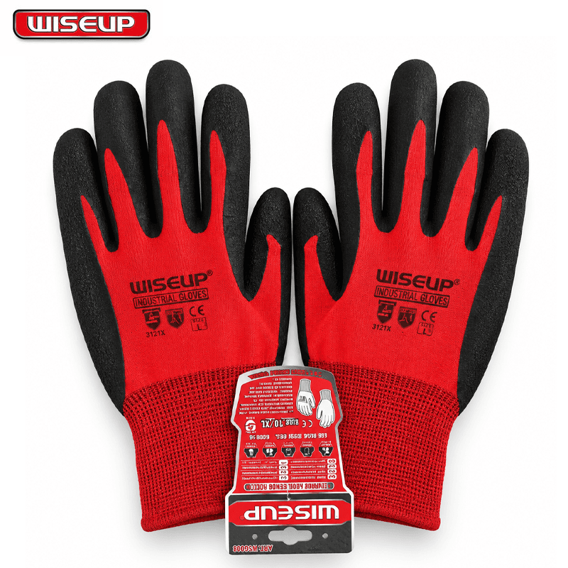 PAIRE DE GANT INDUST ANTIDERAPANTS EN FIBRES DE NYLON PAUME NITRILE ROUGE & NOIR WISEUP