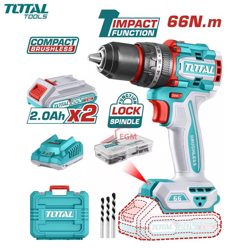 Perceuse visseuse à percussion sans fil Total 20V brushless 66 Nm avec 2 batteries et chargeur
