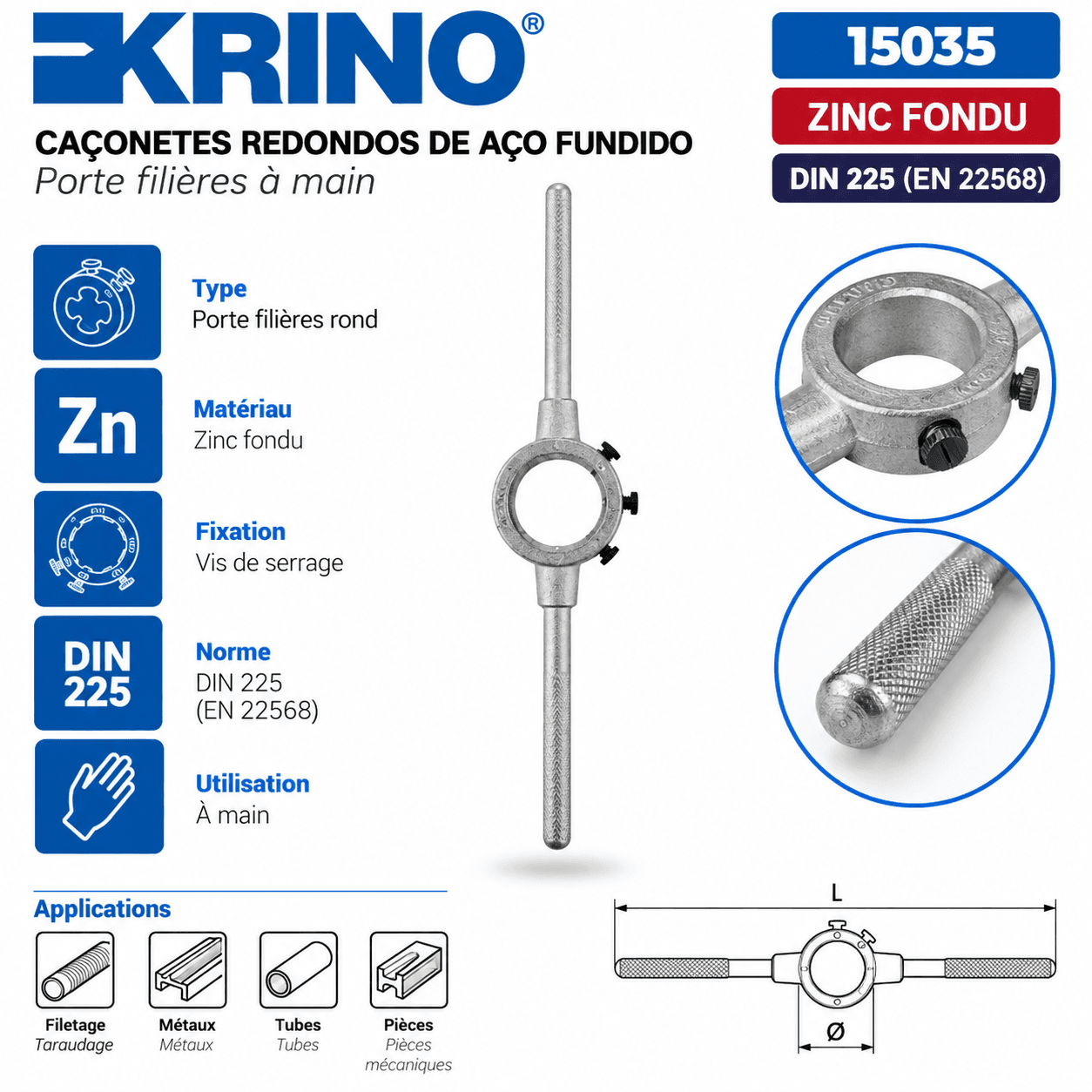 PORTE-FILIÈRE ROND À MAIN EN ZINC MOULÉ KRINO – DIN 225 / EN 22568