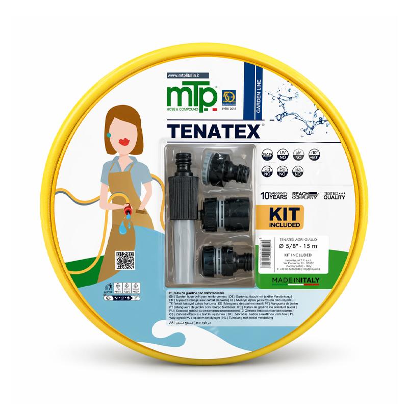 TUYAU ARROSAGE-15.0MM JAUNE & VERT 15 METRE + LANCE & RACCORD TENATEX MTP ITALY