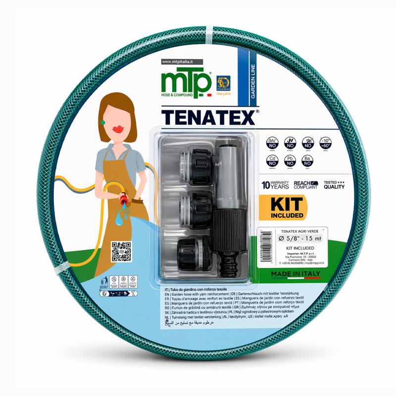 TUYAU ARROSAGE-15.0MM VERT TRESSE 15 METRE + LANCE & RACCORD TENATEX MTP ITALY