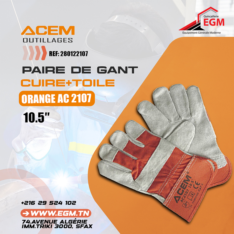 PAIRE DE GANT CUIRE+TOILE 10.5" ORANGE AC 2107 ACEM PAIRE DE GANT CUIRE+TOILE 10.5" ORANGE AC 2107 ACEM