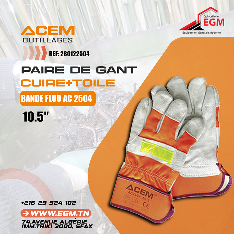 PAIRE DE GANT CUIRE+TOILE 10.5" BANDE FLUO AC 2504 ACEM PAIRE DE GANT CUIRE+TOILE 10.5" BANDE FLUO AC 2504 ACEM