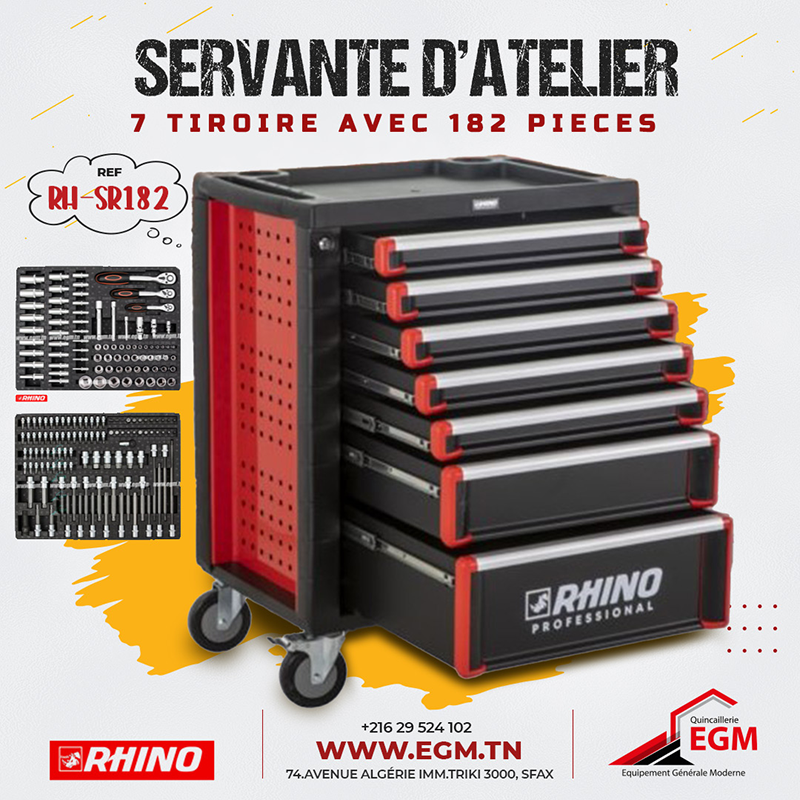 SERVANTE D'ATELIER A 7 TIROIRE AVEC 182 PIECES RHINO SERVANTE D'ATELIER A 7 TIROIRE AVEC 182 PIECES RHINO