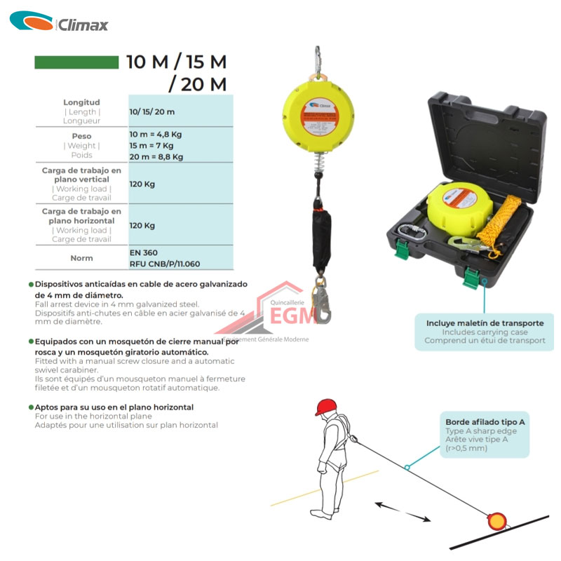 ANTICHUTE RETRACTABLE 20 METRE CLIMAX ANTICHUTE RETRACTABLE 20 METRE CLIMAX